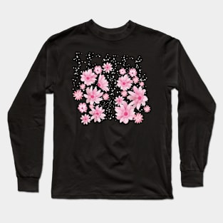 Cherry Blossoms In Snow_Pink Background Long Sleeve T-Shirt